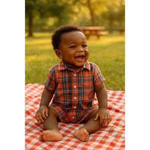 Carter's Romper Boys 18M Short Sleeve Preppy Plaid Button Up One Piece Snap Up